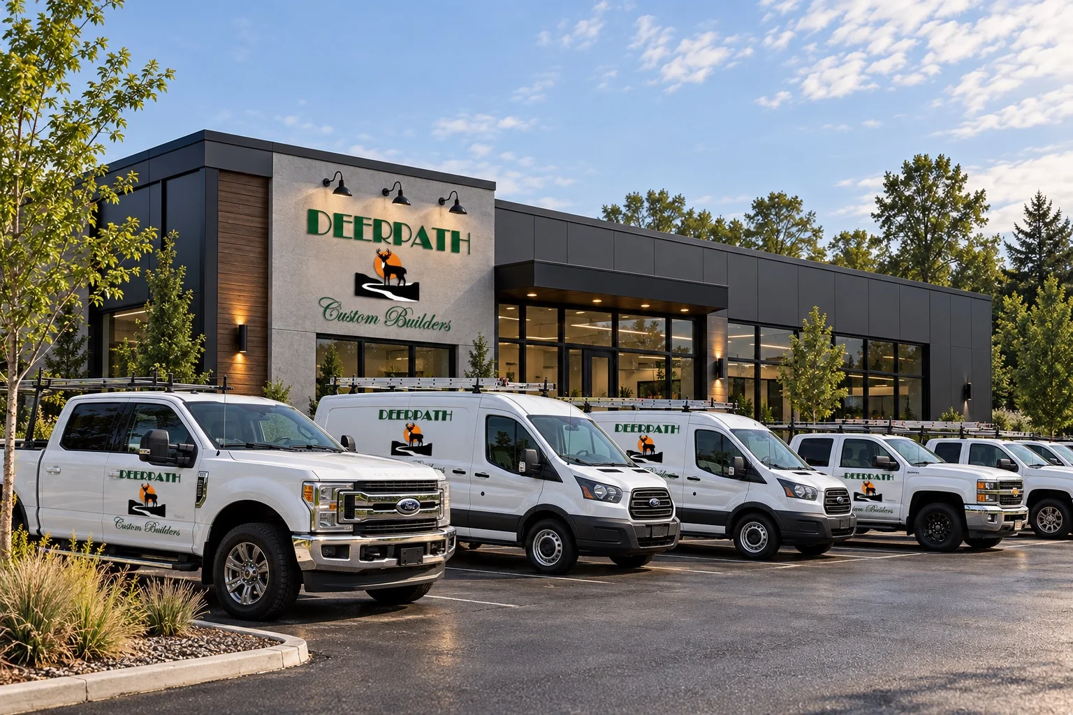 Concept illustration of Deerpath-branded work vehicles outside a modern building